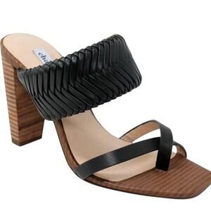 Charles Davis Horatio Block Heel Sandal Sz 8 Black Leather Slip-On Toe Loop New